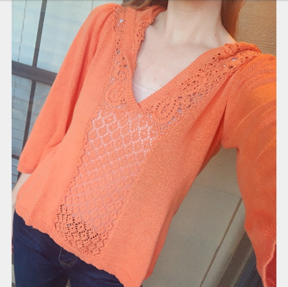 Anthropologie Coral-Orange V-Neck Lace Panel Sweater